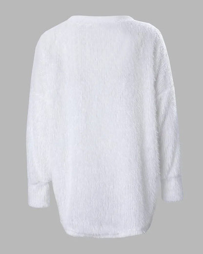 Beaded Long Sleeve Fluffy Top Pullover V Neck Loose Top Sweaters