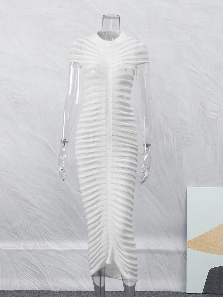 See Through Knit Dress Elegant Striped Solid Skinny Elastic Maxi Dress