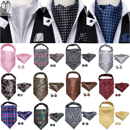 Hi-Tie Silk Mens Ascots Hanky Cufflinks Set Jacquard Paisley Floral Cravat