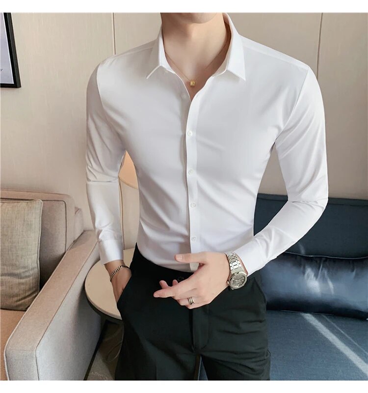 Stretchy High Elasticity Men Shirts Long Sleeve Slim Fit Casual