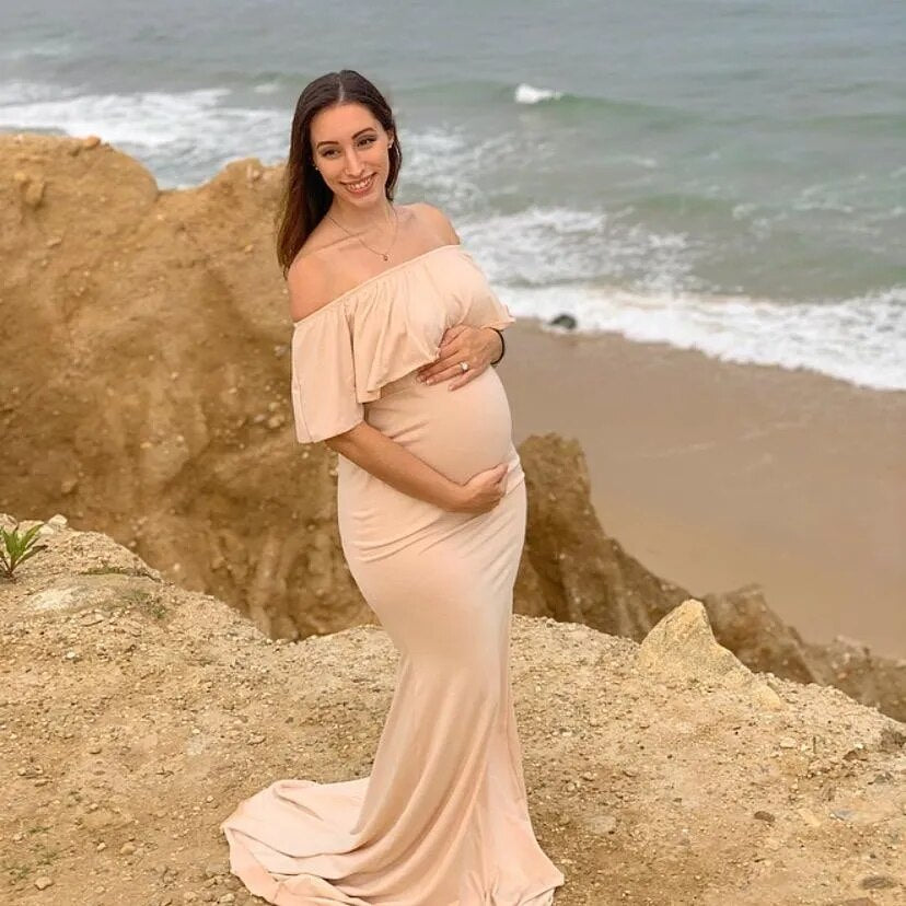 Maternity Elegant Slim Off Shoulder Long Dresses