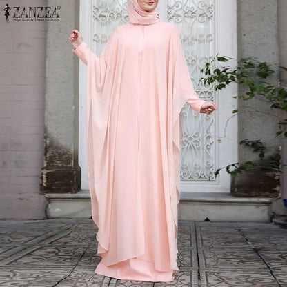 Long Abaya and Hijab 2pcs Long Sleeve Kaftan Dress