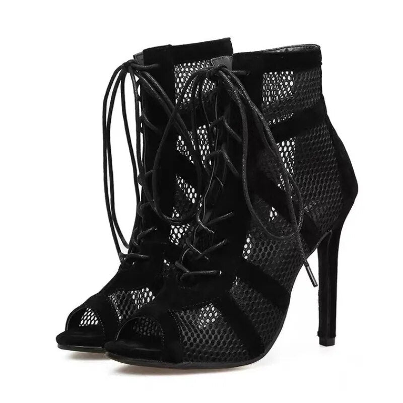 High Heels Mesh Cross-tied Peep Toe Ankle Strap Shoes 7cm &