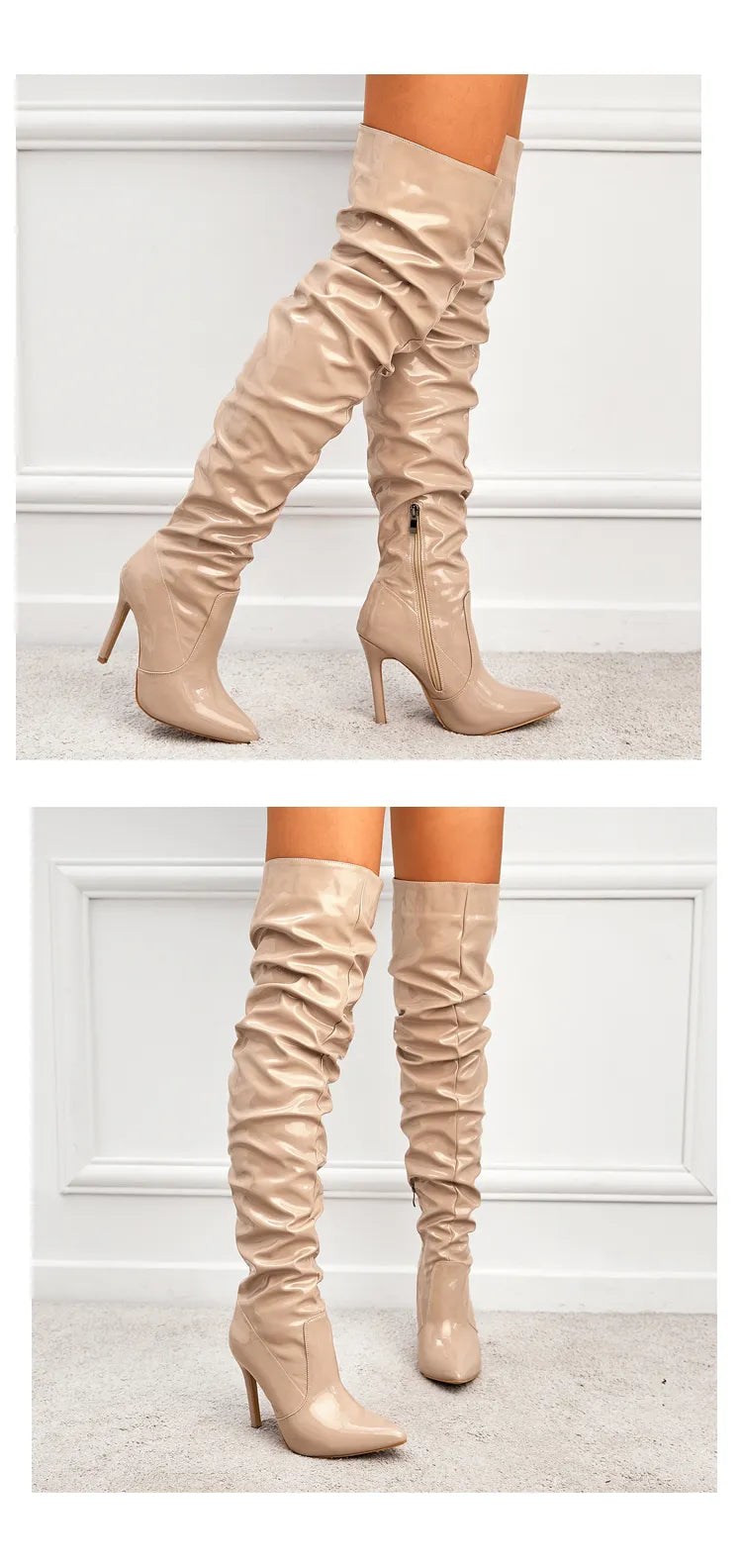 High Thigh Leather Pointy Toe Zipper Boots