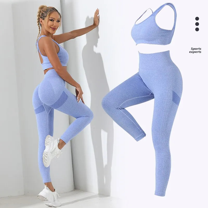 2pcs Seamless High Stretch Yoga Set Cross Back Tummy Control Leggings