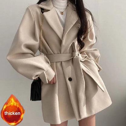 Long Puff Sleeve Clothes Autumn Elegant Belt Coat Women Chic Midi