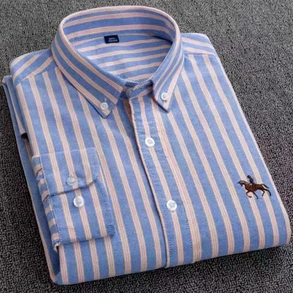 Cotton Oxford Shirts Men Long Sleeve Horse Casual No Pocket Solid