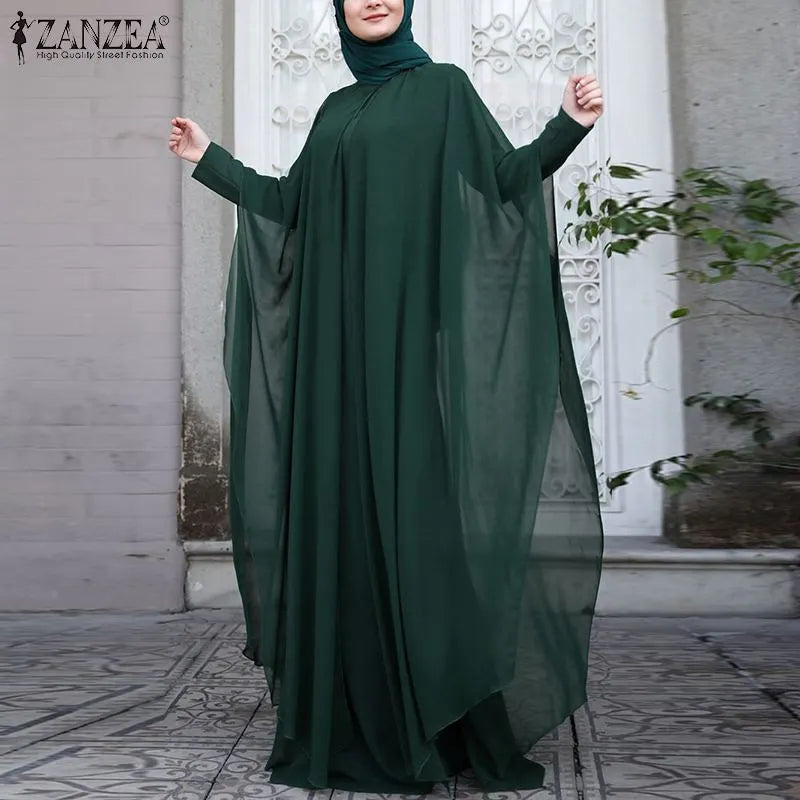 Long Abaya and Hijab 2pcs Long Sleeve Kaftan Dress