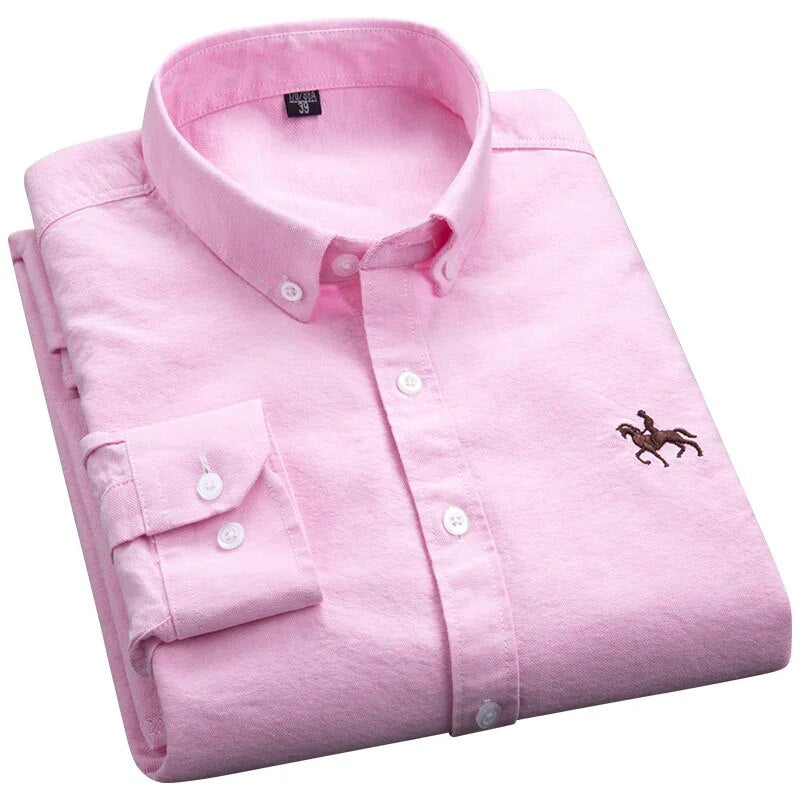 Cotton Oxford Shirts Men Long Sleeve Horse Casual No Pocket Solid