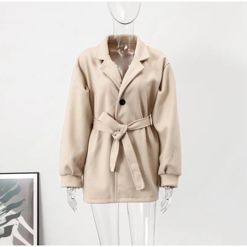 Long Puff Sleeve Clothes Autumn Elegant Belt Coat Women Chic Midi