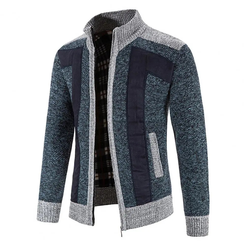 Men Cardigan Knit Patchwork Breathable Thick Long Sleeves