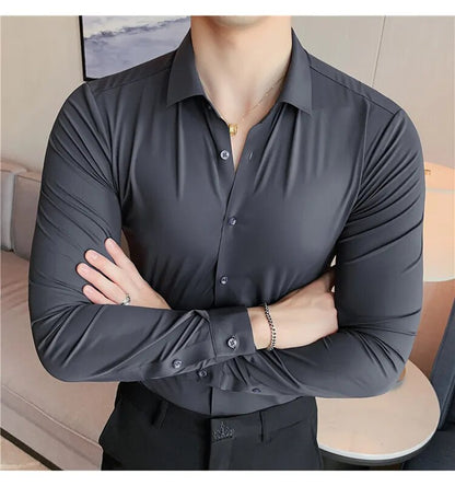 Stretchy High Elasticity Men Shirts Long Sleeve Slim Fit Casual