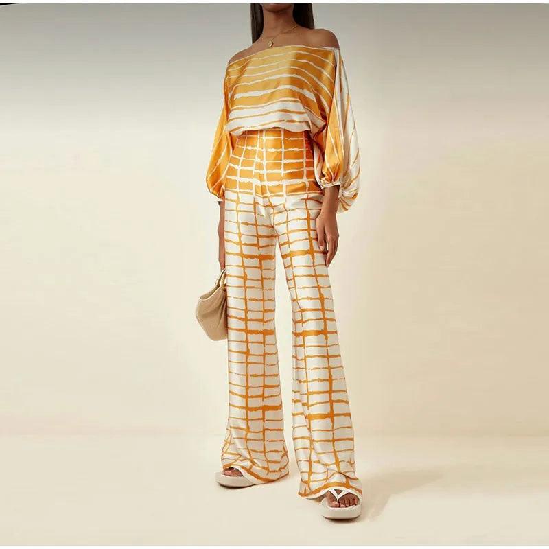 Satin Print Suit Fashion Hollow Off Shoulder Tops With Long Pants