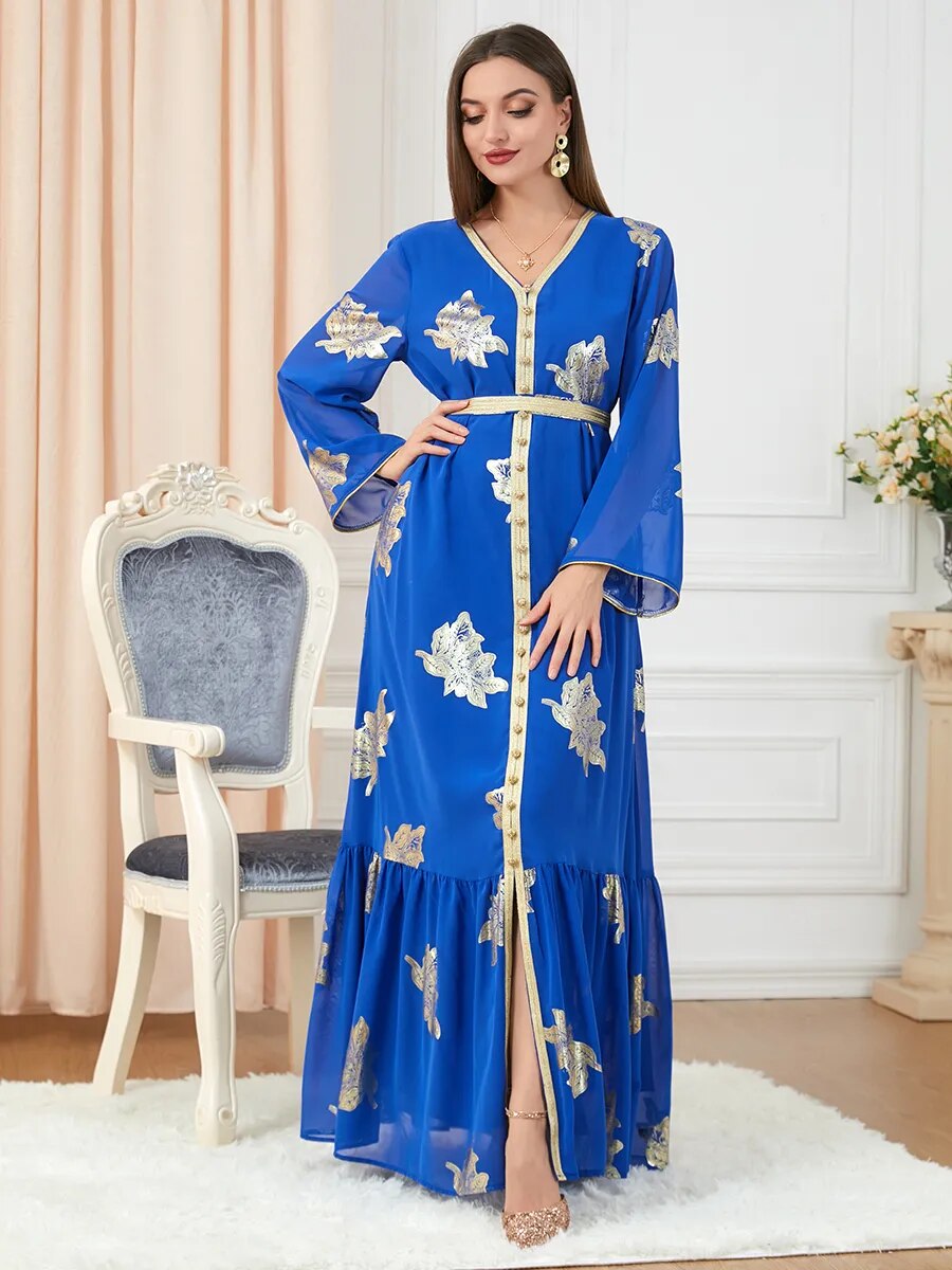 Moroccan Style Abaya With Belt Kaftan Split Hem