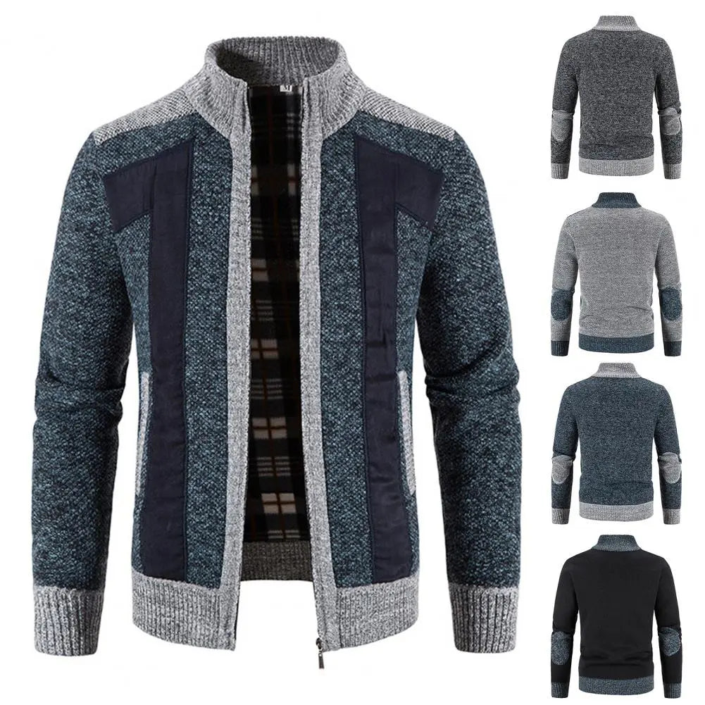 Men Cardigan Knit Patchwork Breathable Thick Long Sleeves