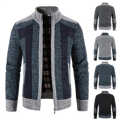 Men Cardigan Knit Patchwork Breathable Thick Long Sleeves