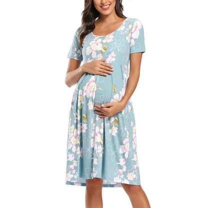 Floral Short Sleeve Loose Maternity Casual Soft Waist Print Knee