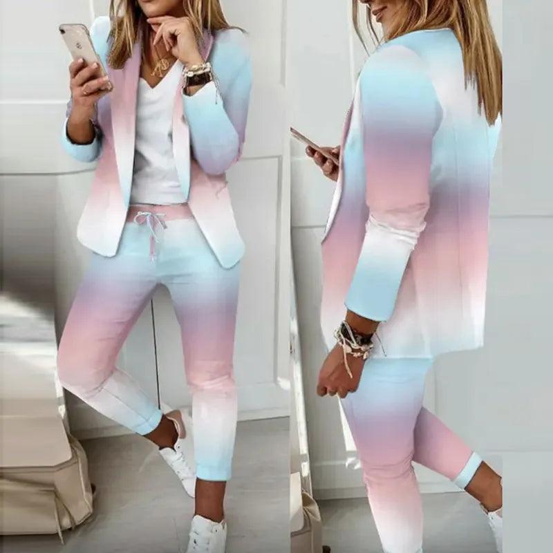 Elegant Office Women Blazers Pants Outfit Print Long Sleeve 2 pcs