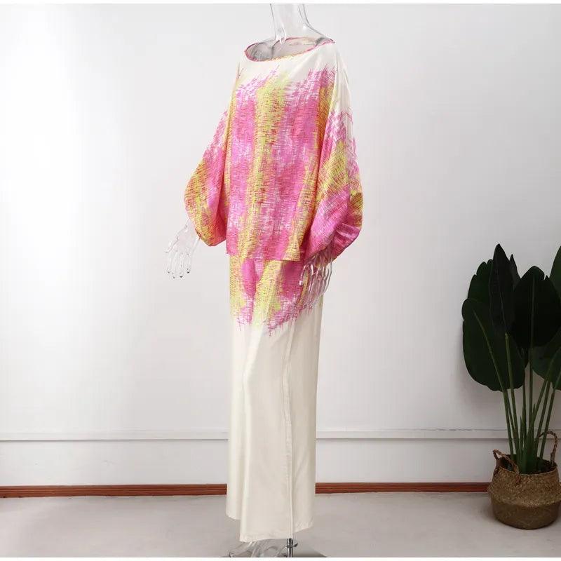 Satin Print Suit Fashion Hollow Off Shoulder Tops With Long Pants