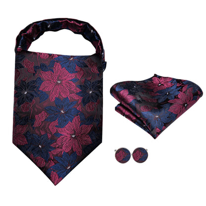 Hi-Tie Silk Mens Ascots Hanky Cufflinks Set Jacquard Paisley Floral Cravat