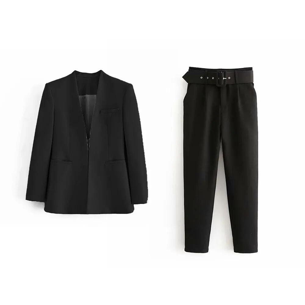 Two Pieces Set Office Wear Blazers Coat With Belt High Waist