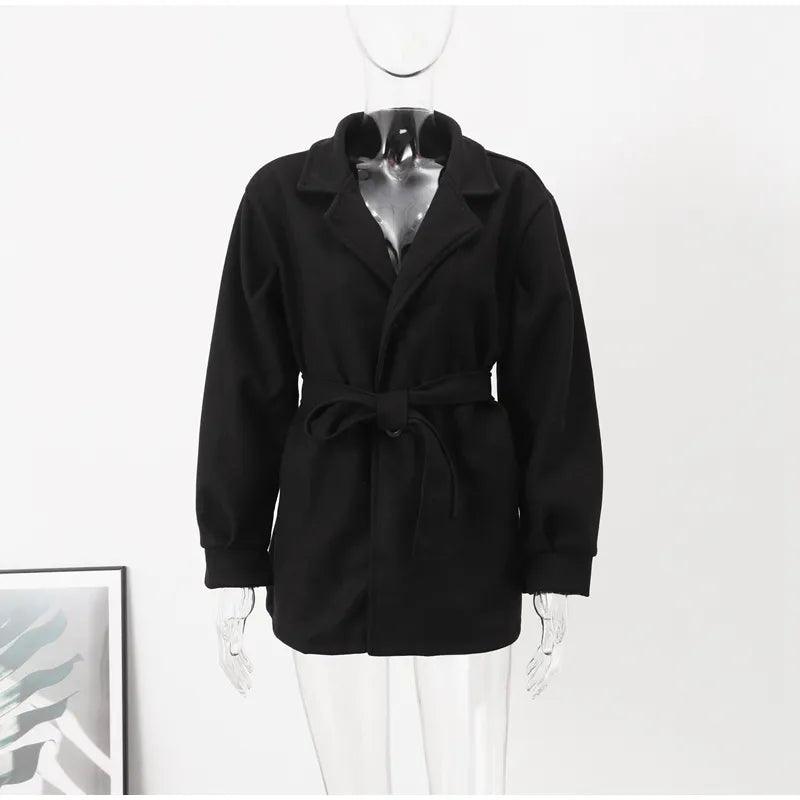 Long Puff Sleeve Clothes Autumn Elegant Belt Coat Women Chic Midi