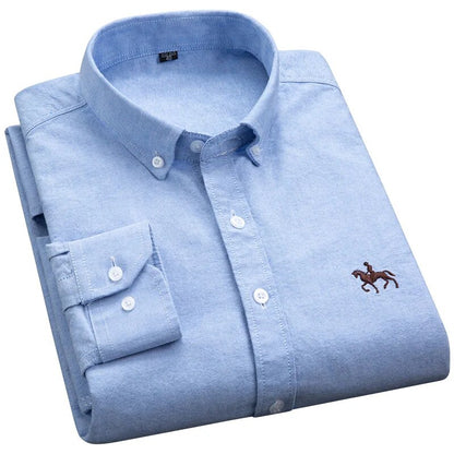 Cotton Oxford Shirts Men Long Sleeve Horse Casual No Pocket Solid