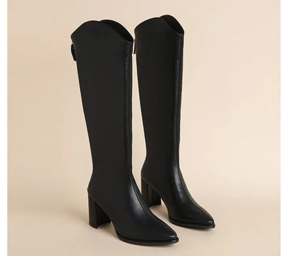 Classic Women Winter Zipper Thick High Heels Simple Design Boots