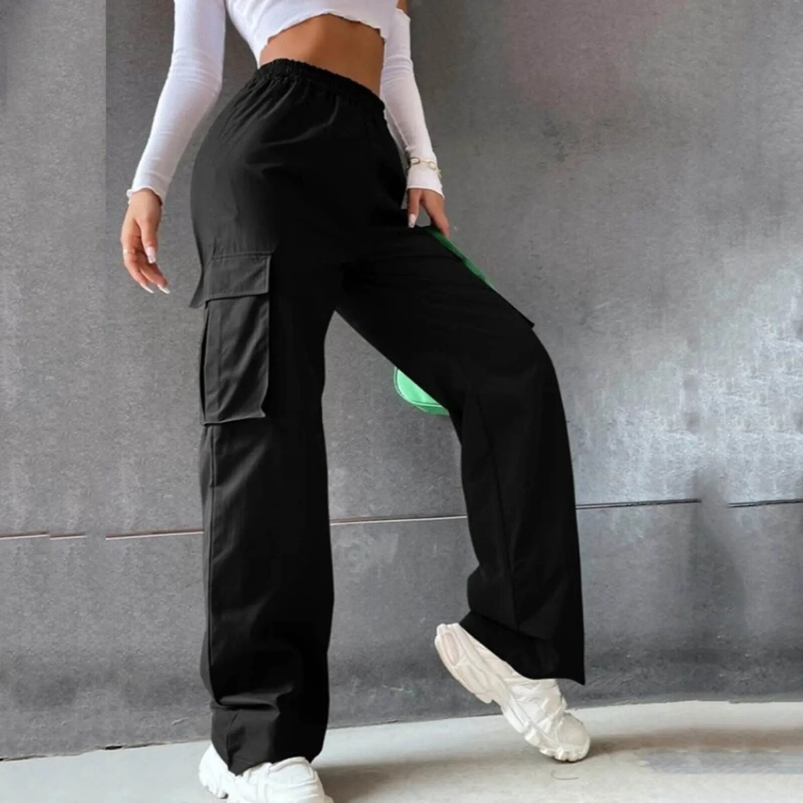 Pockets Casual Elastic Waist Loose Cargo Pants