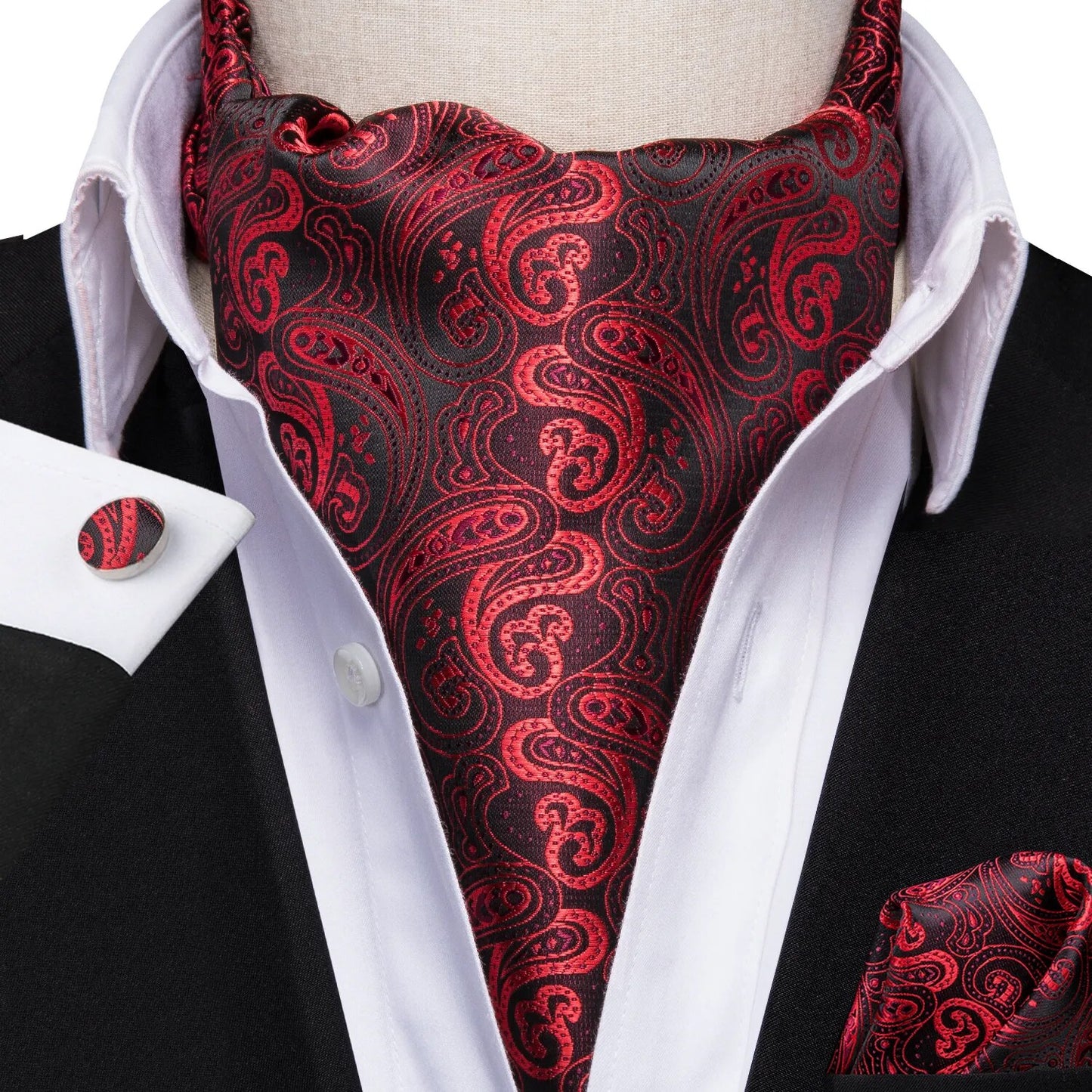 Hi-Tie Silk Mens Ascots Hanky Cufflinks Set Jacquard Paisley Floral Cravat