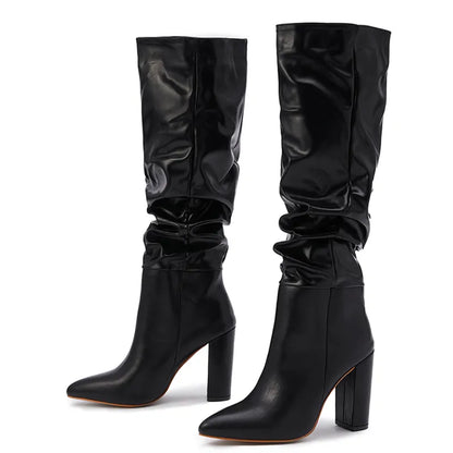 Women Knee High Pointy Toe Square Heels Slip On Boots