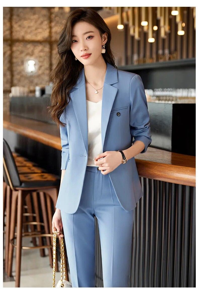 Blue Suits for Fashion Long Sleeve Blazer Chic High Waisted Pants