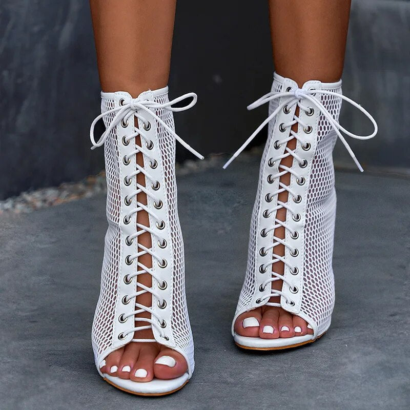 Transparent Thick Heel Lace-up Peep Toe Breathable Shoes