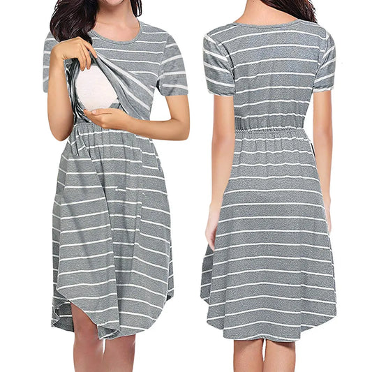 Maternity Striped Patchwork Dress with nursing pull out