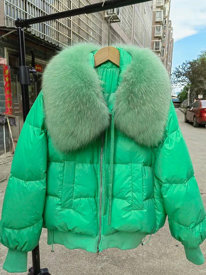 Real Raccoon Fur Collar Short Female Parkas Thick Warm Down Coat