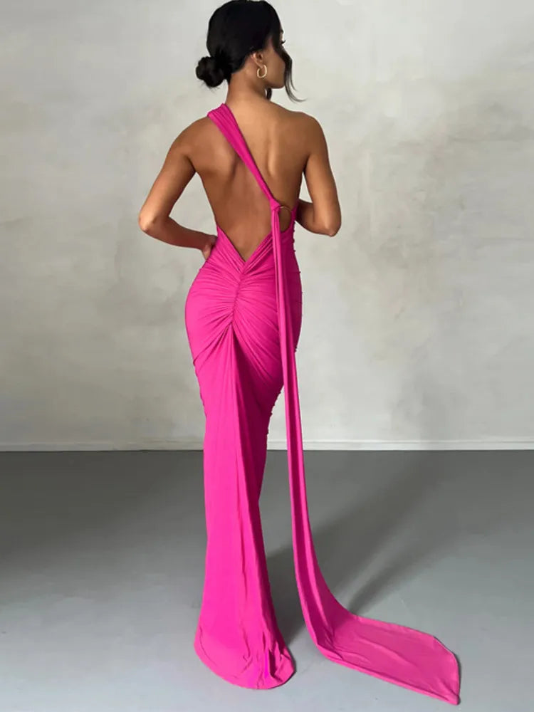 Oblique Shoulder Backless Maxi Dress Back Strap Sleeveless Long Dress