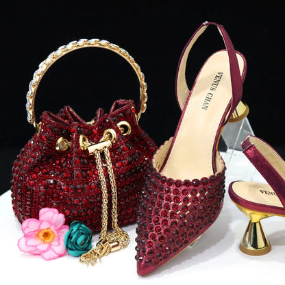 Pointed Toe Elegant Full Diamond Shoes and Bags Matching Set