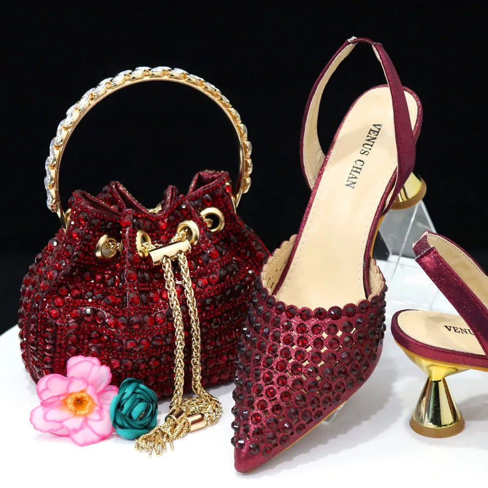 Pointed Toe Elegant Full Diamond Shoes and Bags Matching Set