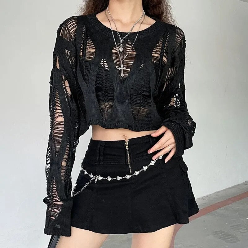 Hollow Net Pullovers Black Loose Top