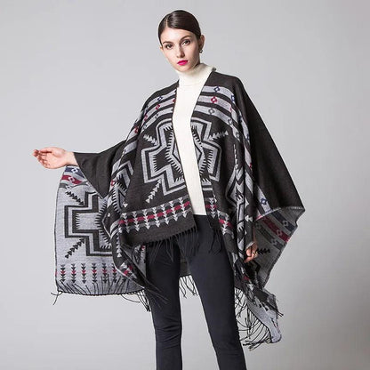 Tassel Cashmere Fork Shawl Poncho