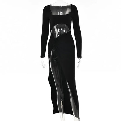 Hollow Out High Split Maxi Dress Full Sleeve Long Dress