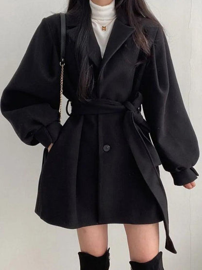 Long Puff Sleeve Clothes Autumn Elegant Belt Coat Women Chic Midi