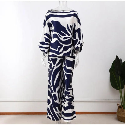 Satin Print Suit Fashion Hollow Off Shoulder Tops With Long Pants