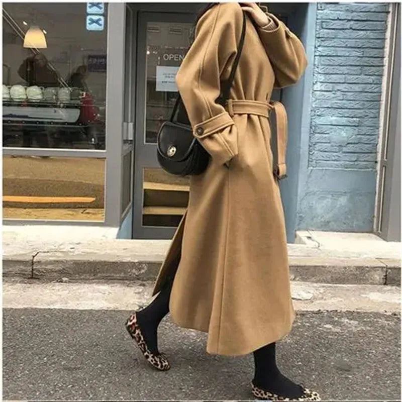 Faux Wool Elegant with Belt Thick Long Coat