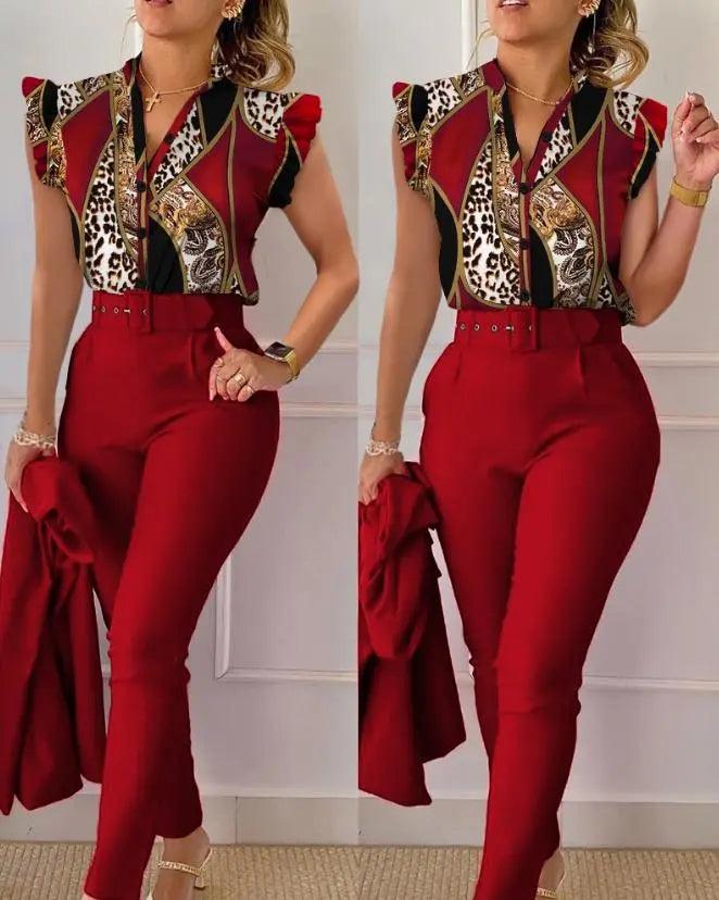 Two Piece Outfit Geometric Print Flutter Sleeve Top & Pants Set