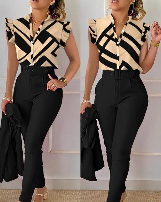 Two Piece Outfit Geometric Print Flutter Sleeve Top & Pants Set