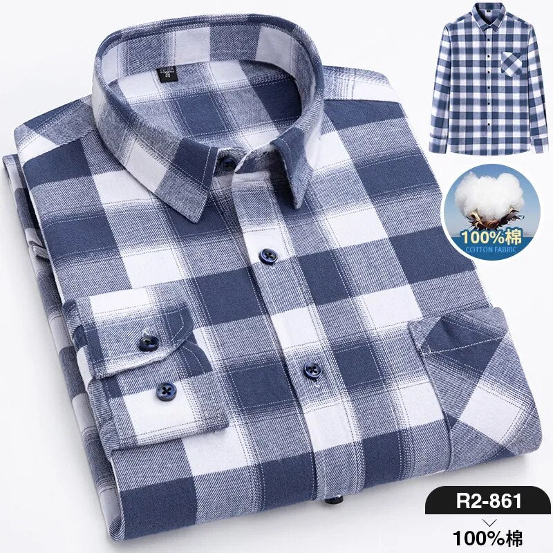 Pure Cotton Men's Plaid Long Sleeve Regular Fit Casual Plus Size