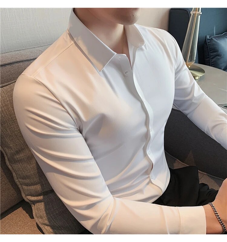 Stretchy High Elasticity Men Shirts Long Sleeve Slim Fit Casual