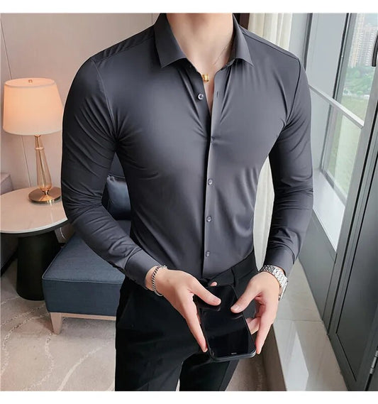 Stretchy High Elasticity Men Shirts Long Sleeve Slim Fit Casual