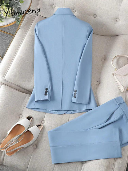 Blue Suits for Fashion Long Sleeve Blazer Chic High Waisted Pants